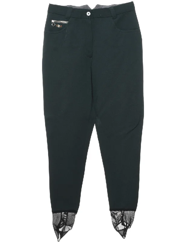Dark Green Floral Embroidered Stirrup Trousers - W30 L30 Trousers fashionable chic