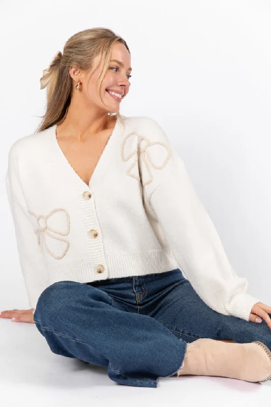 As Pretty Does Ivory Bow Cardigan FINAL SALE Boat Neck Shawl Collar Notched Collar