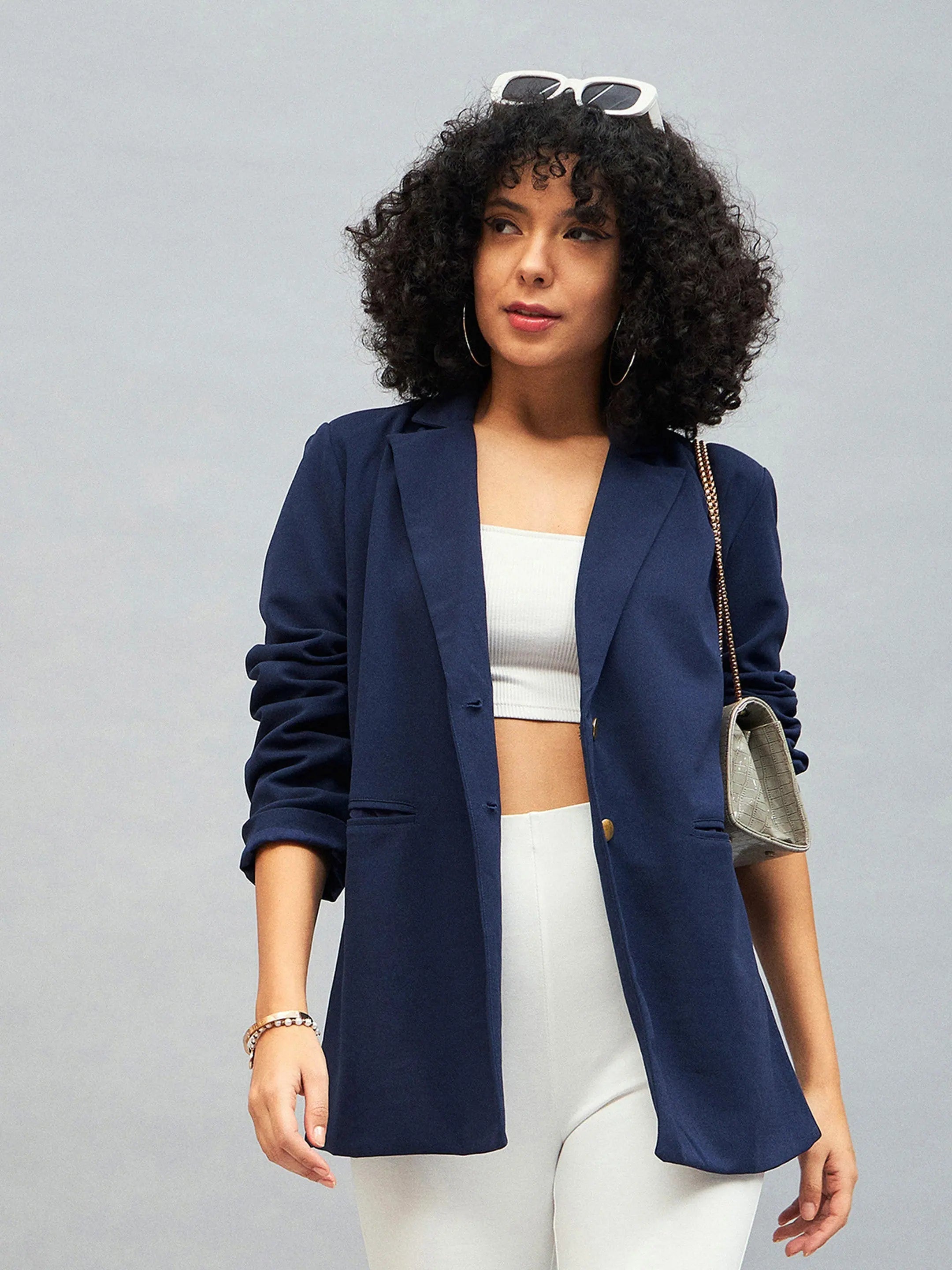 Women Navy Notch Collar Blazer Women's Custom Jacket