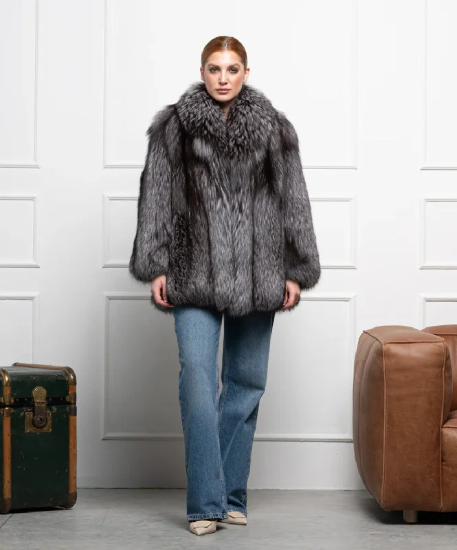 Women’s Silver Fox Fur Coat Trench Wool Cashmere