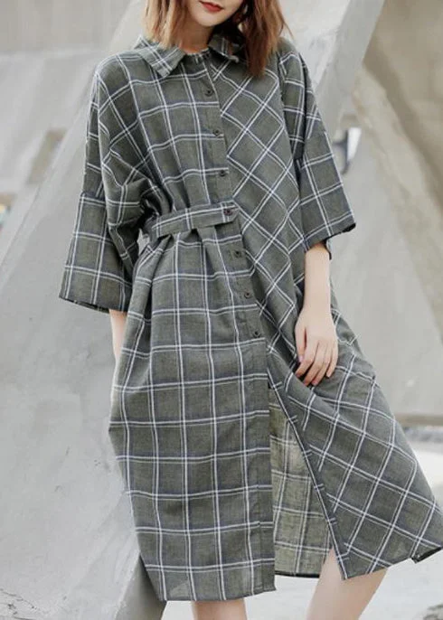 Women Spring Casual Plaid Cardigan Shirt Dress Zippered Buttoned Snapped
