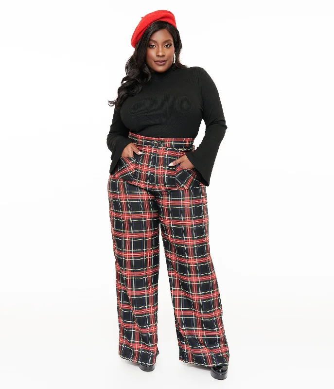 Smak Parlour Plus Size 1960s Black & Red Plaid Wide Leg Trousers Trousers Cargo pockets