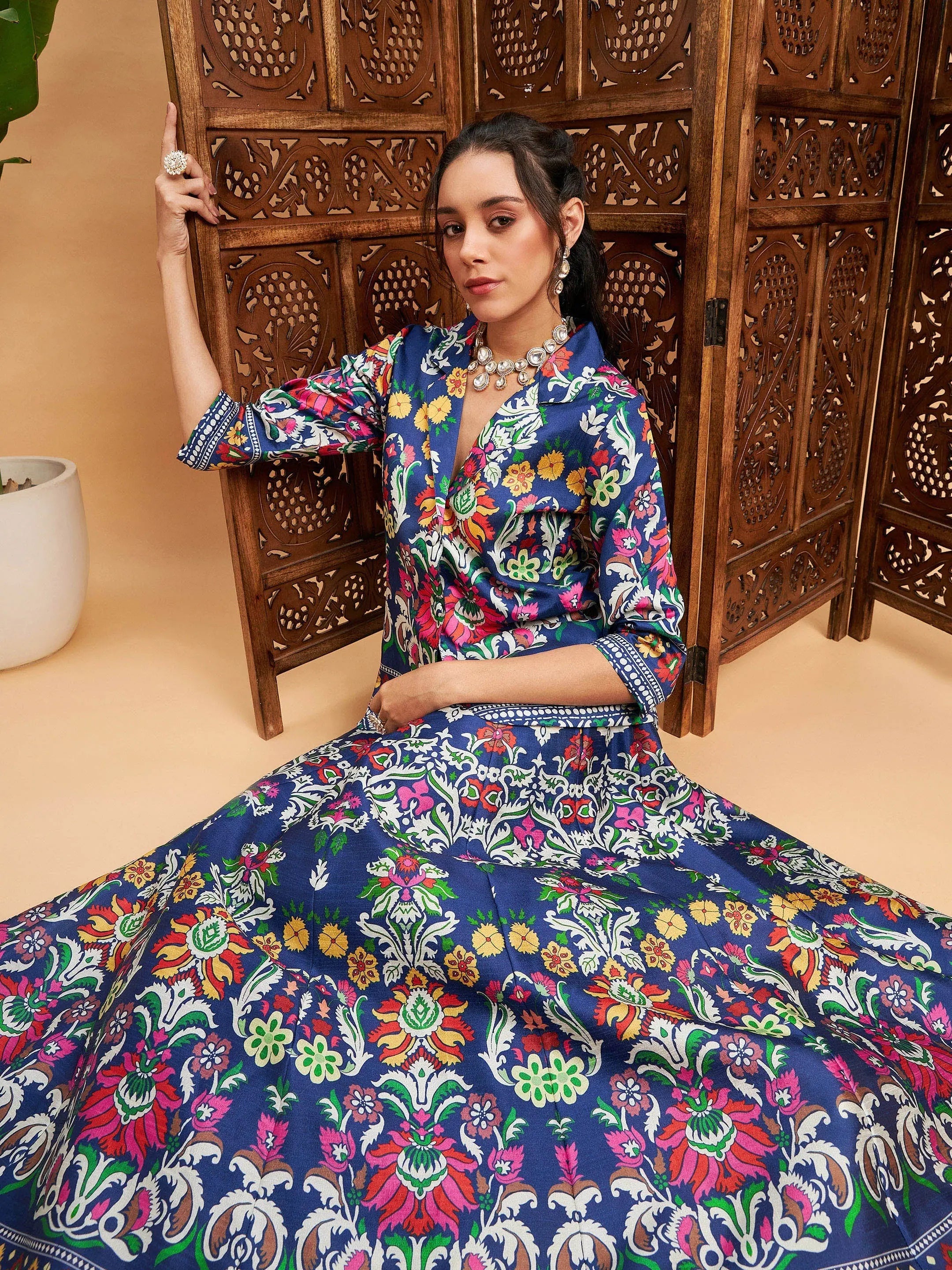 Women Navy Floral Anarkali Skirt With Blazer Women's Fashion Blazer