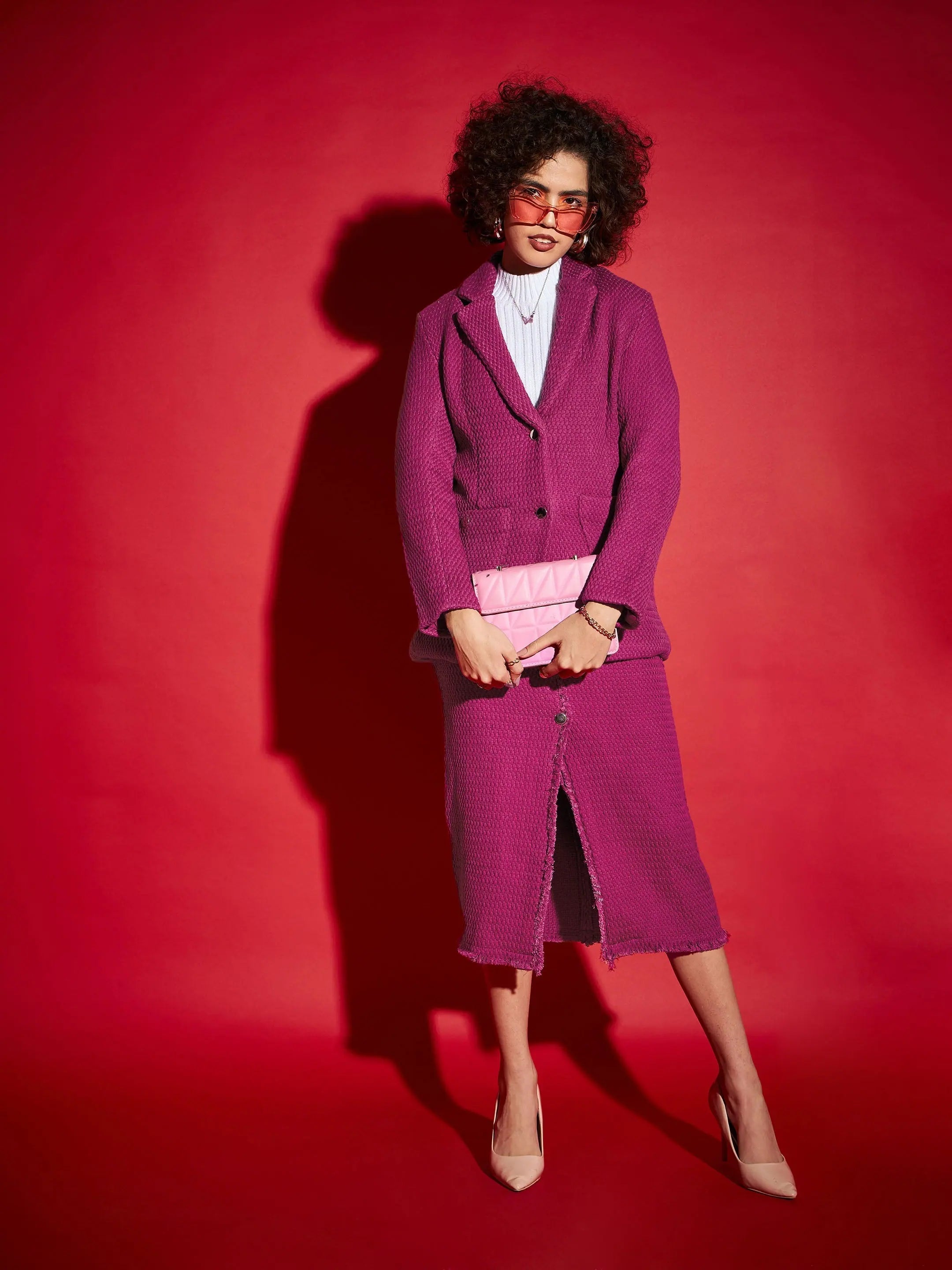Women Magenta Tweed Notch Collar Blazer Women's Simple Blazer