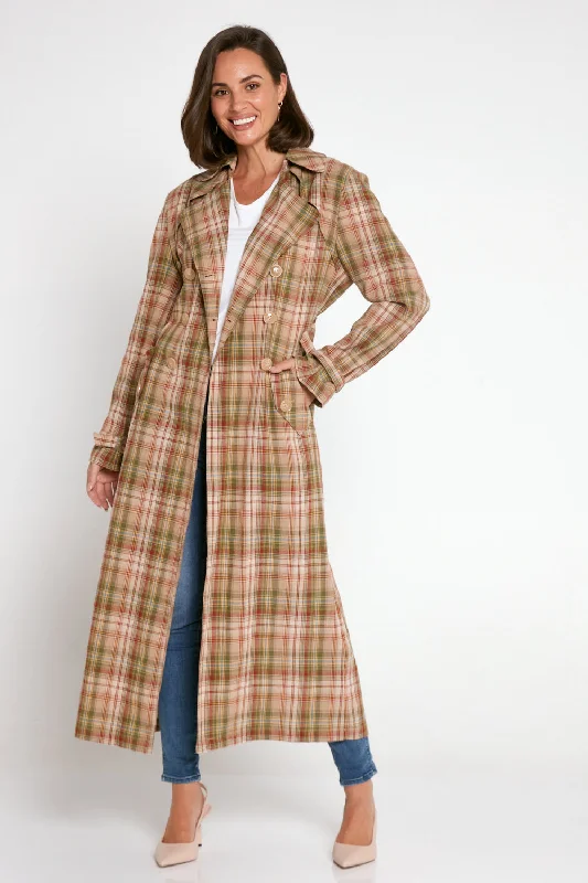 Smith Cotton Trench Coat - Camel/Olive Check Shawl Collar Notch Collar Lapel Collar