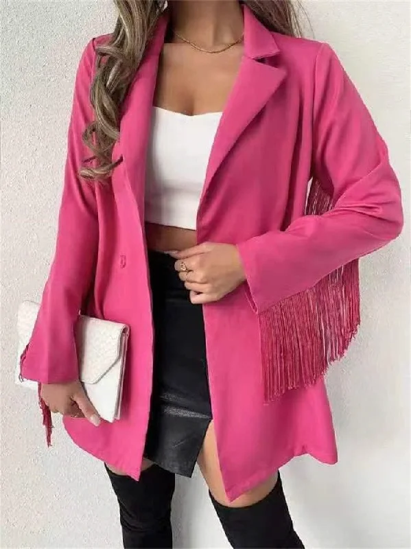 Chic Lapel Button Fringe Long Sleeve Blazer Women's Short Blazer