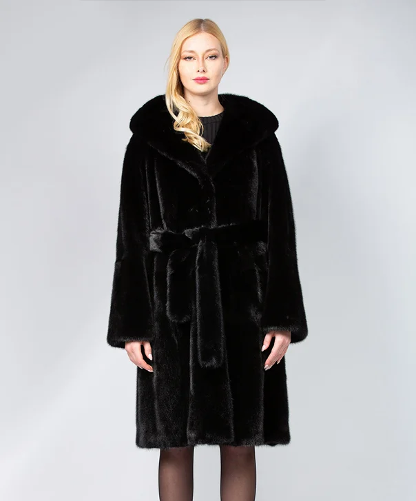 Women’s Hooded Robed Black Mink Coat A-Line Ball Gown Mermaid