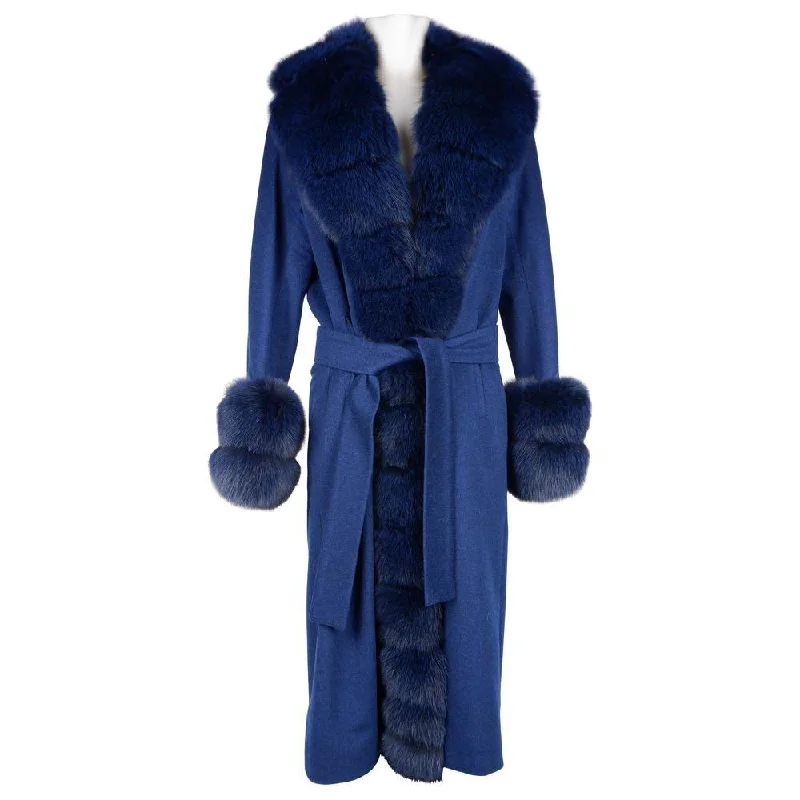 Made in Italy Elegant Wool Coat with Luxe Fox Fur Trim Elasticated Drawstring Belted Made in Italy Elegant Wool Coat with Luxe Fox Fur Trim Elasticated Drawstring Belted
