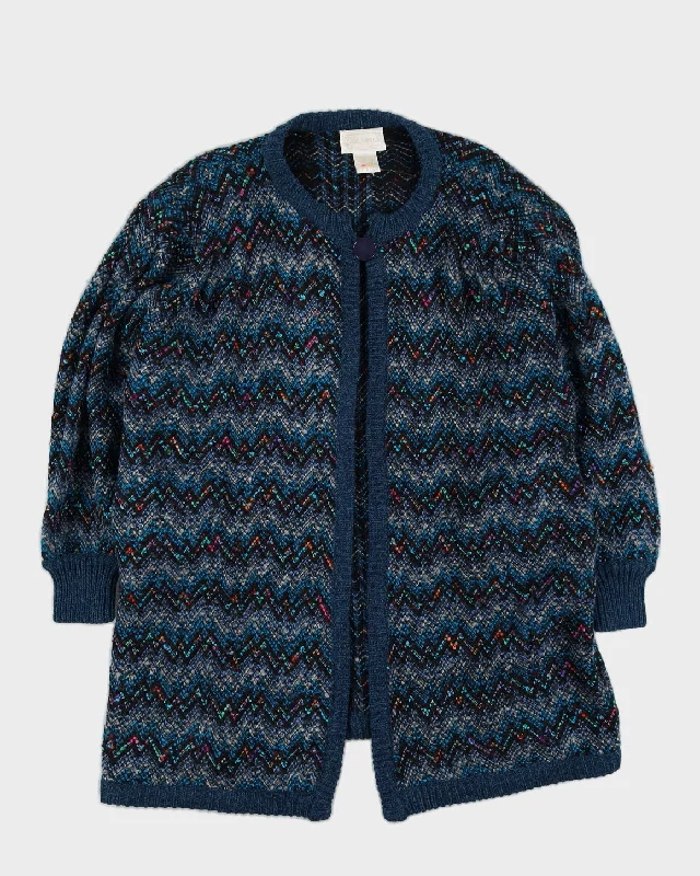 Blue Patterned Long Knitted Cardigan - L Satin Blend Silk Blend Wool Blend