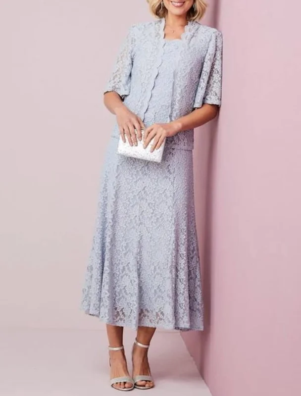 Two Piece A-line Calf Length Scalloped Neck Lace Mother of Bride Dress, Coat Peter Pan Collar Cowl Neck Turtleneck