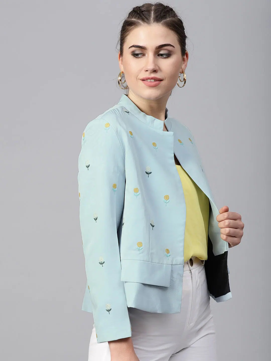 Pastel Solid Fake Pocket Embroidered Blazer Women's Travel Jacket