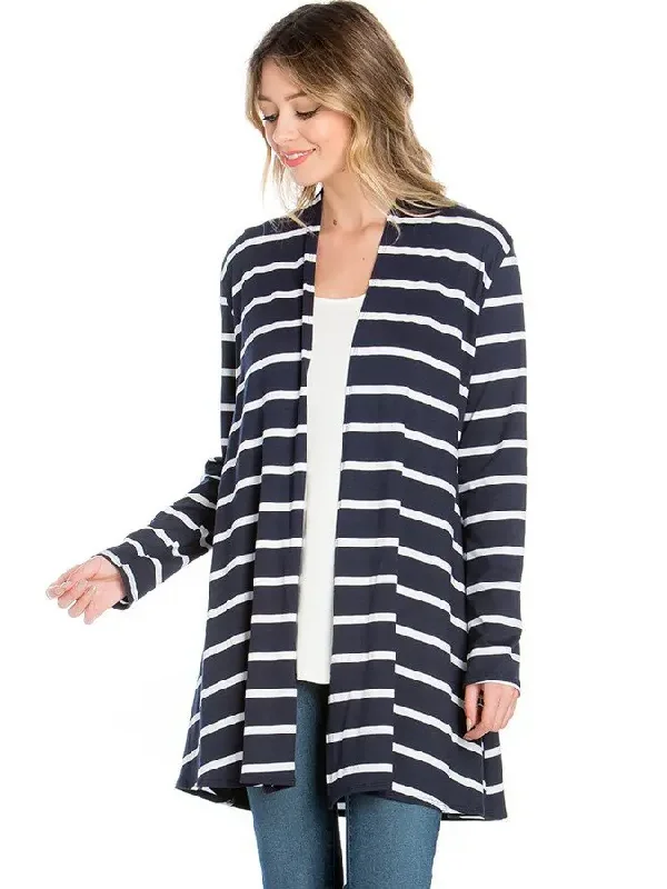Long Sleeve Cardigan in Navy with White Stripe Wool Fabric Cashmere Fabric Tweed Fabric
