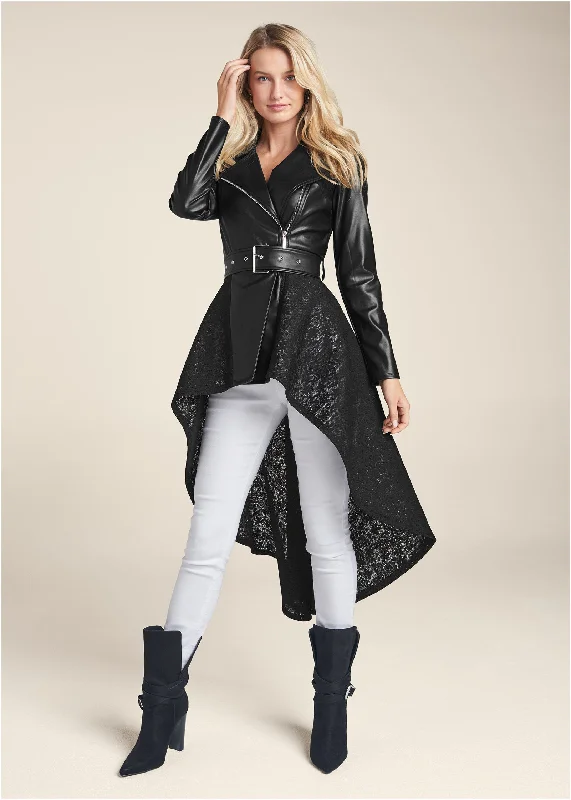 Faux Leather And Lace Detail Trench Coat - Black Cuffed Rolled Raglan