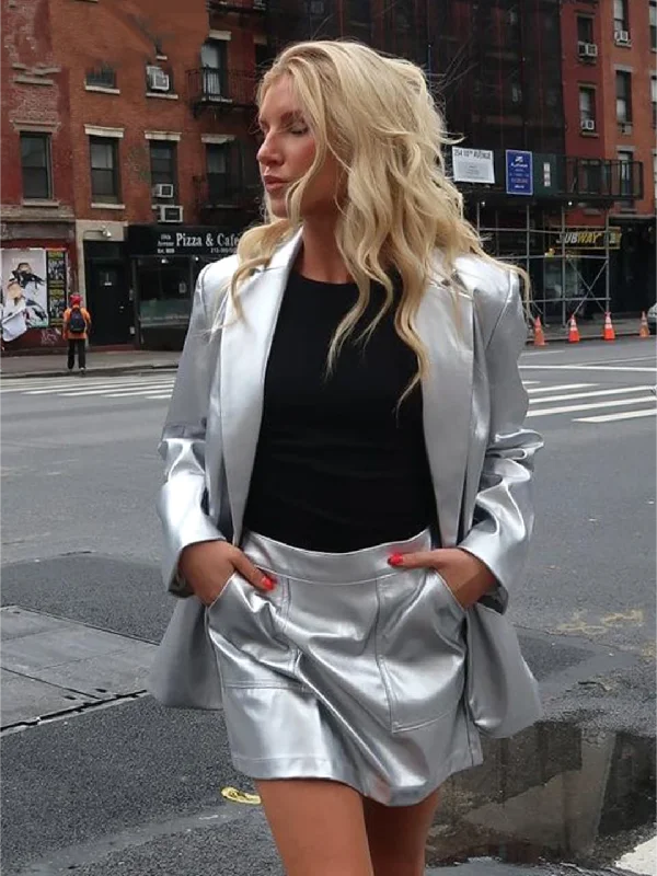 Women's Loose Silver Pu Leather 2 Piece Sets Blazer With High Waist Mini Skirt Set Slim Fit Blazer