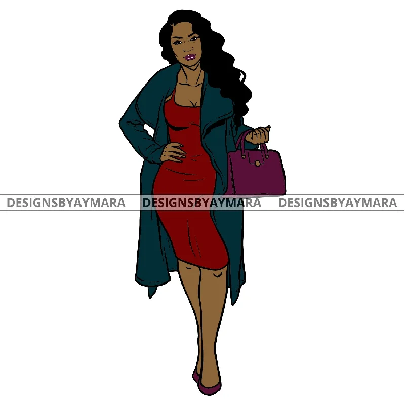 Afro Urban Fashionista Goddess Heels Attractive Black Woman Coat Sexy Long Curly Hair Style  SVG Cutting Files For Silhouette Cricut Cape Coat Herringbone Coat Tweed Coat