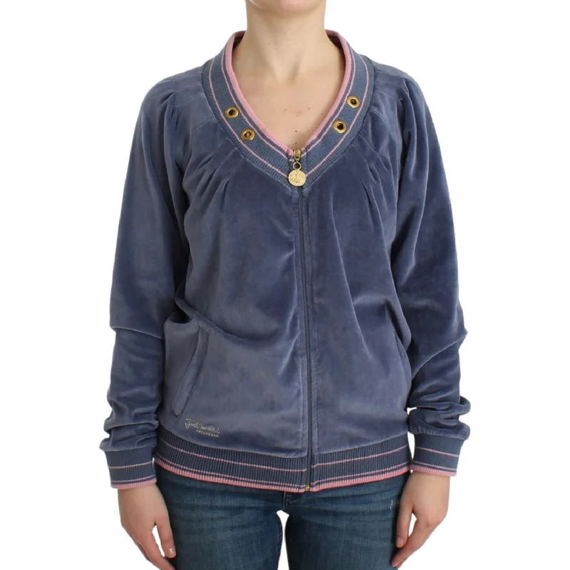 Cavalli Elegant Blue Zip Cardigan with Gold Details Houndstooth Herringbone Solid