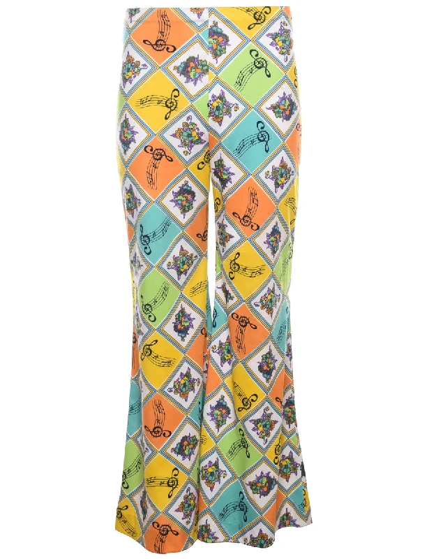 Floral & Argyle Print 1970s Multi-Colour Flared Trousers - W28 L30 Skinny Trousers Denim Stretchy