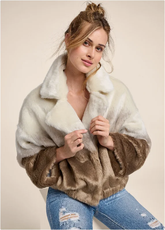 Ombre Faux Fur Coat - Cream Multi Buttoned Toggled Snapped