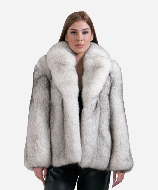 Women's Natural Blue Fox Fur Coat Trench Raincoat Windbreaker