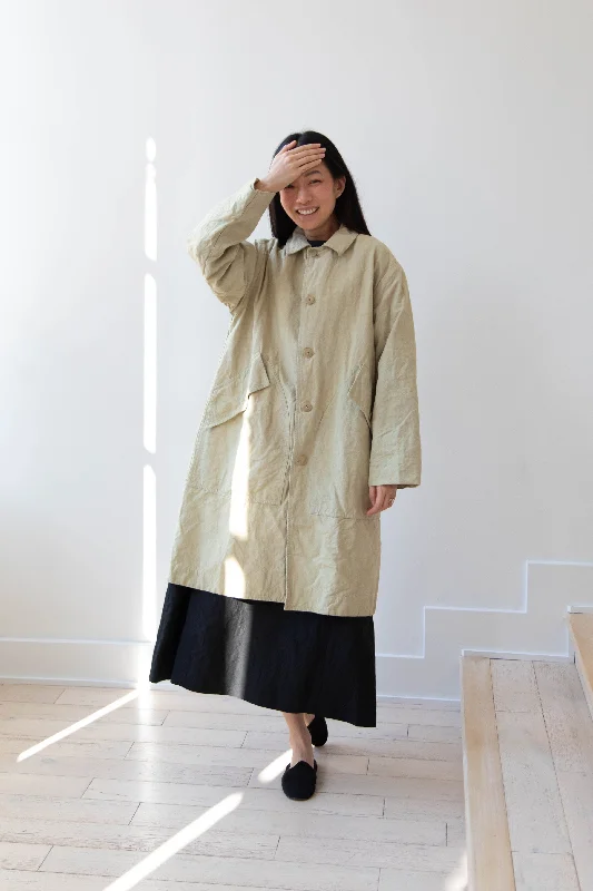 Oliver Church | Big Coat in Olive Antique French Linen Cotton Faux Fur Real Fur Shearling