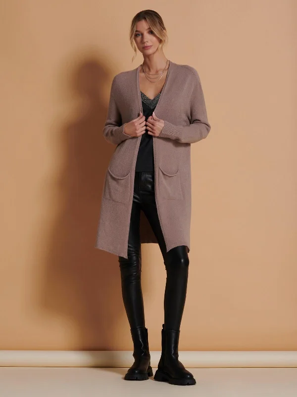 Longline Soft Knitted Cardigan, Mocha Hooded Caped Shawl Collar