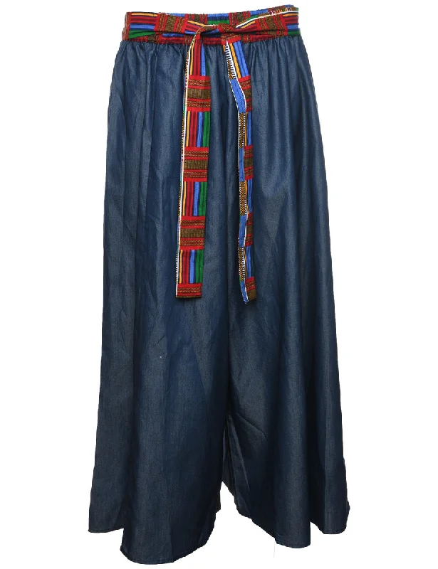 Wide-Leg Denim Contrast Belt Trousers - W29 L25 Trousers Summer Linen