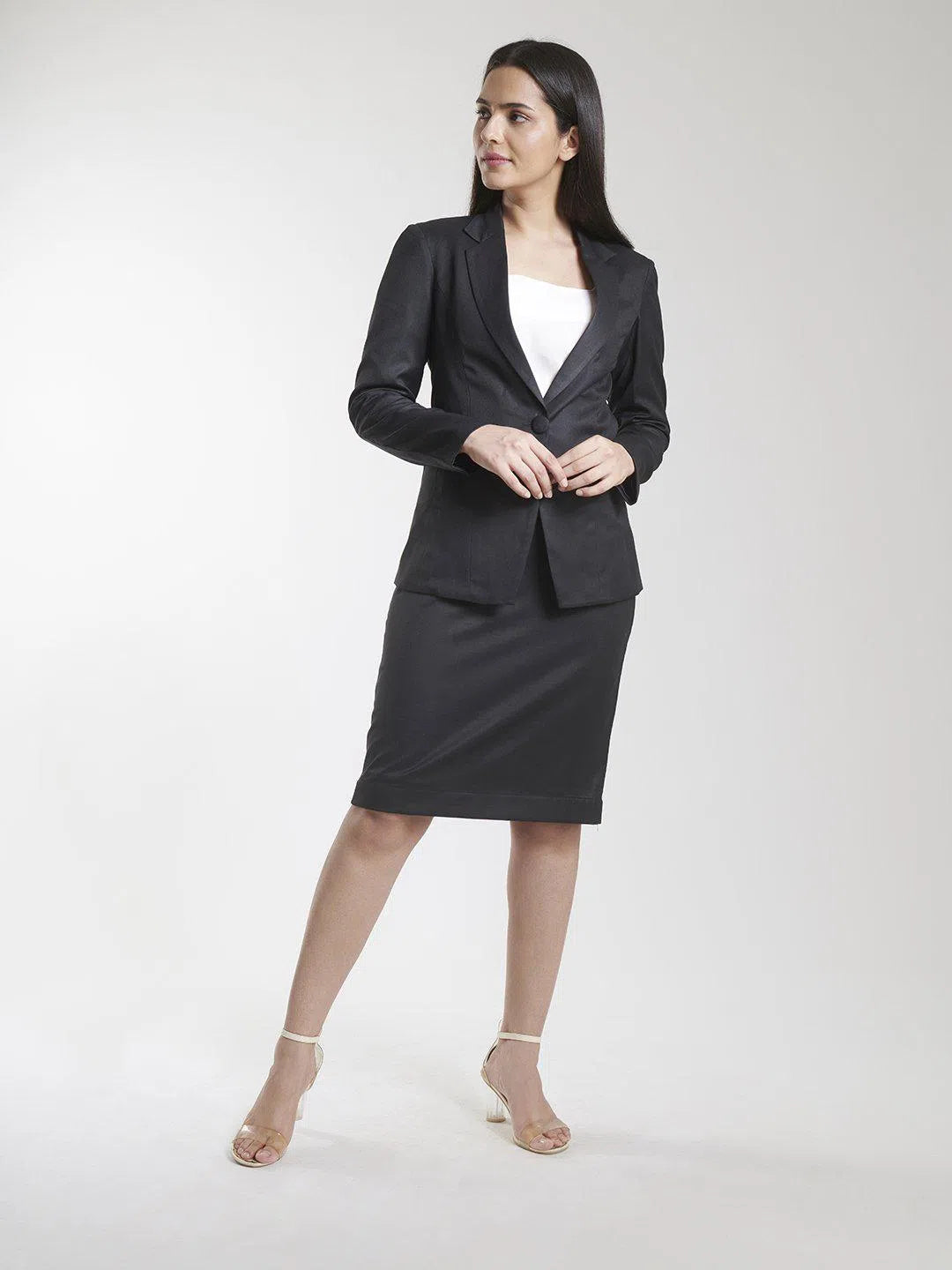 PowerSutra Poly Cotton Single Button Blazer - Black Women's Denim Suit