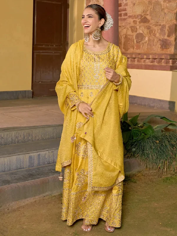 Libas Art Yellow Embroidered Silk A-Line Kurta With Trousers & Dupatta Trousers Canvas Durable