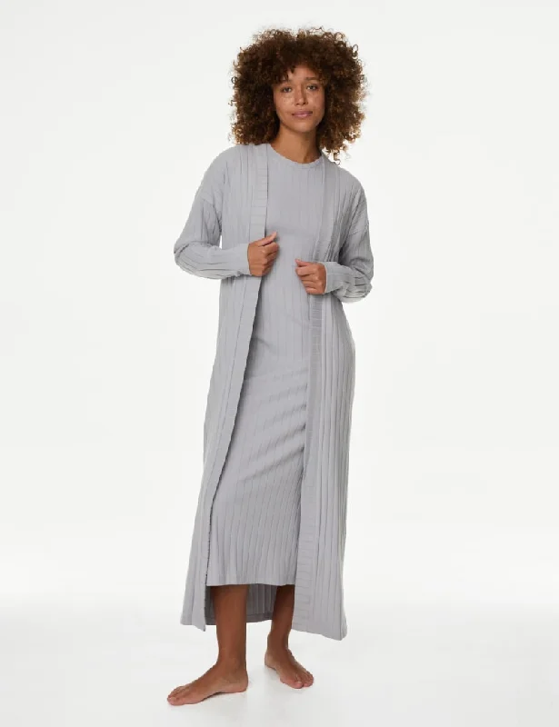2pc Ribbed Nightdress & Cardigan Set Mesh Blend Leather Blend Suede Blend