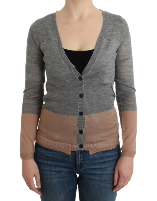 Costume National Elegant Gray Acrylic & Wool Cardigan Real Fur Shearling Chenille