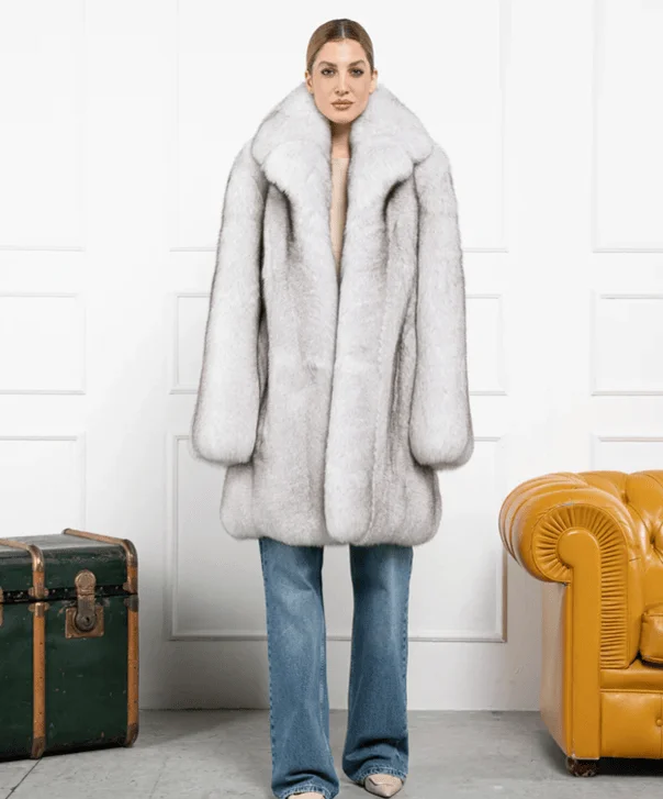 Women's Natural Blue Fox Fur Coat Appliqued Beaded Sequined
