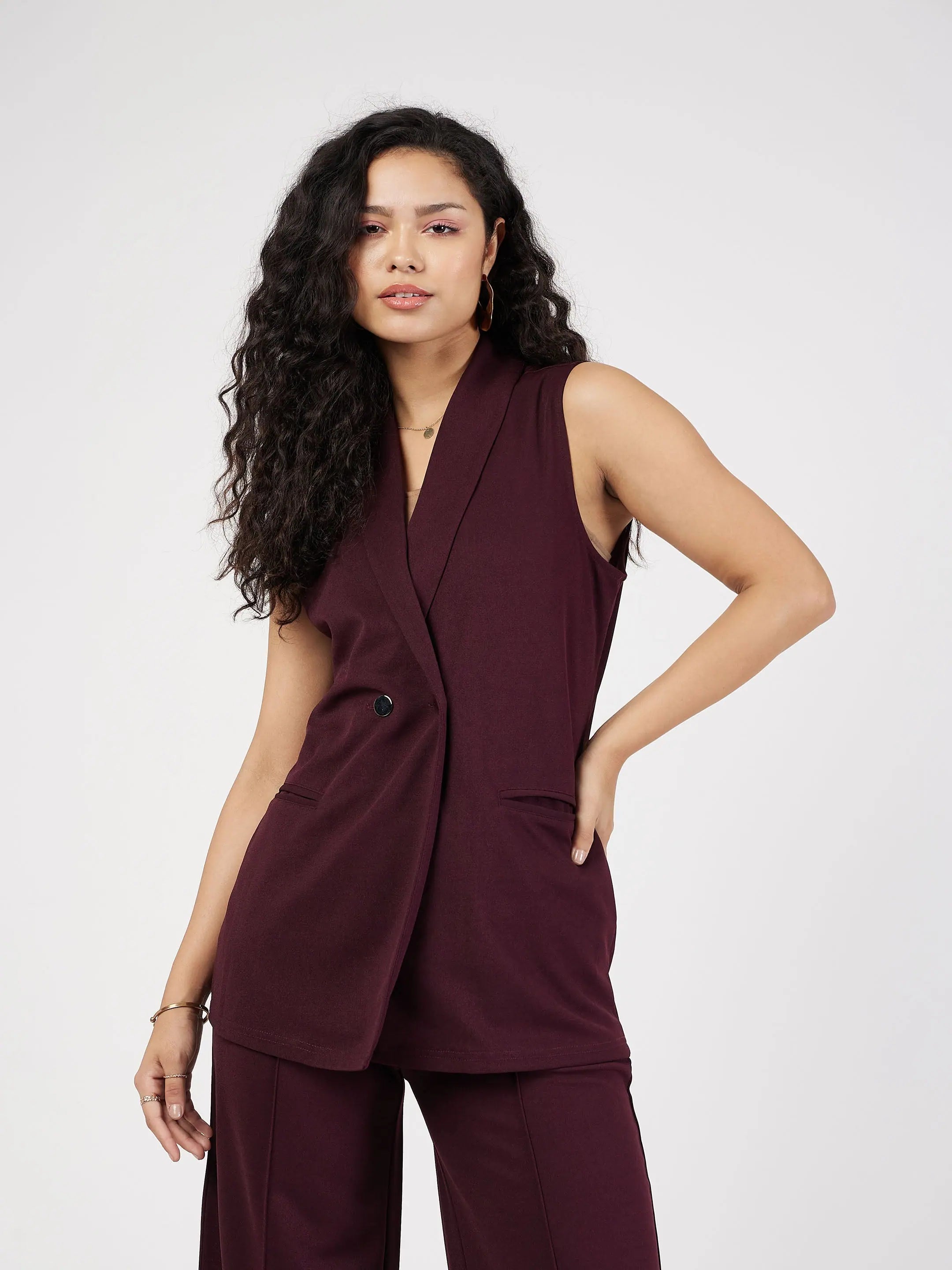 Women Burgundy Double-Breast Sleeveless Longline Blazer Women's Trendy Jacket