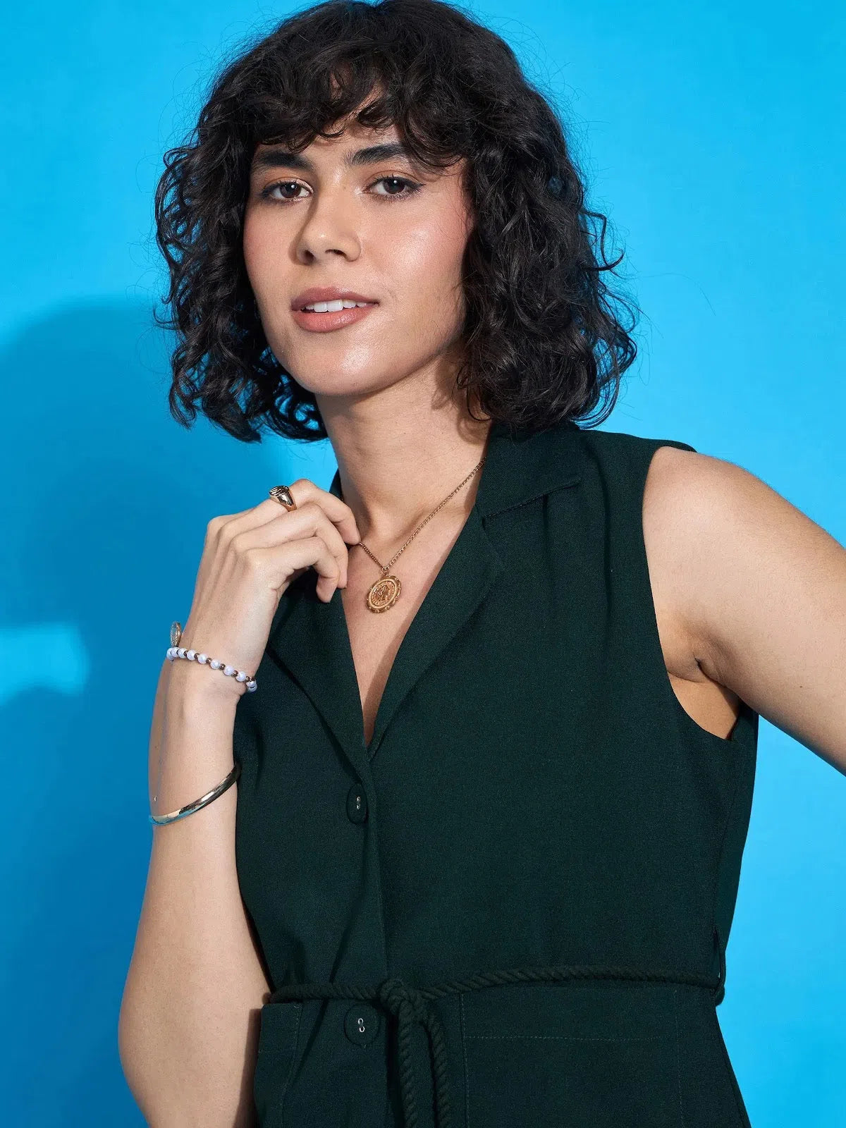Women Emerald Sleeveless Front Tie-Up Blazer Women's Daily Blazer