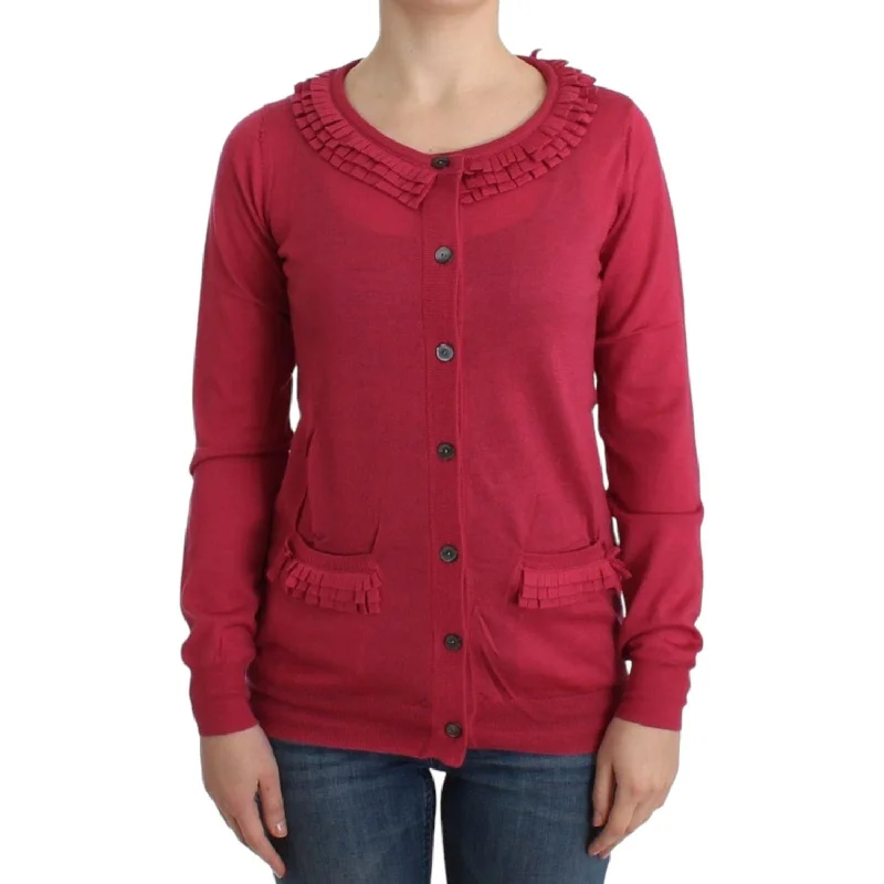 John Galliano Ruffle Detail Wool Cardigan in Pink Tailored Straight A-Line