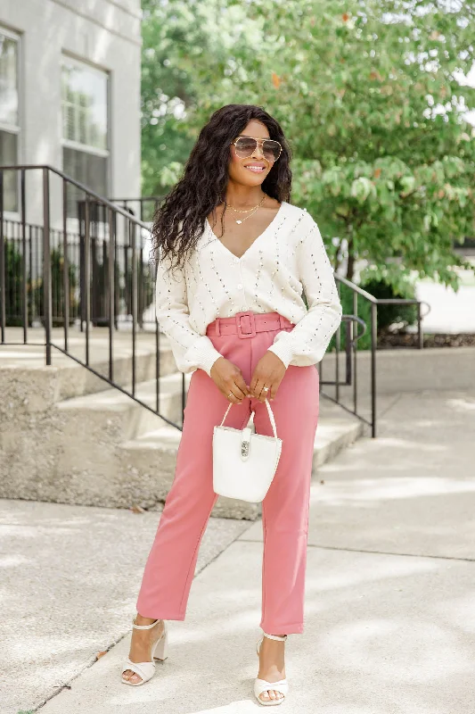 Means A Lot Cream Pearl Detail Cardigan FINAL SALE Solid Print Embellished