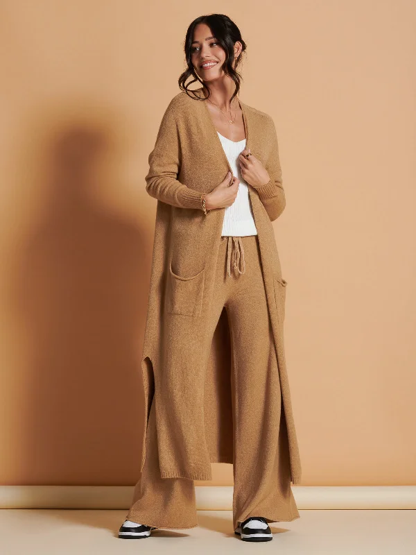 Made in Italy Soft Knit Longline Maxi Cardigan, Camel Crew Neck V-Neck Turtle Neck