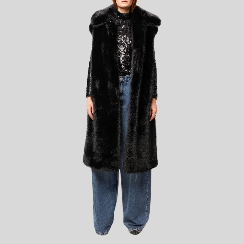 Faux Fur Sleeveless Long Coat - Black Wool Cashmere Tweed