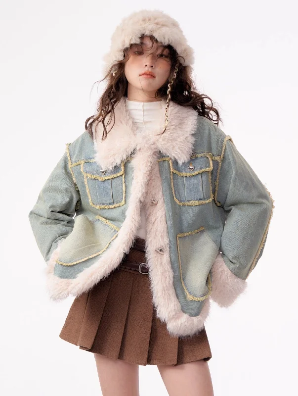 High-end Quilted Lamb Plush Denim Cotton Coat ZIZ0012 Faux Fur Real Fur Shearling