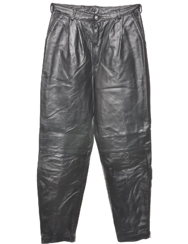 Leather Black  High Waisted Pleated Trousers - W27 L27 Trousers Yoga Stretchy