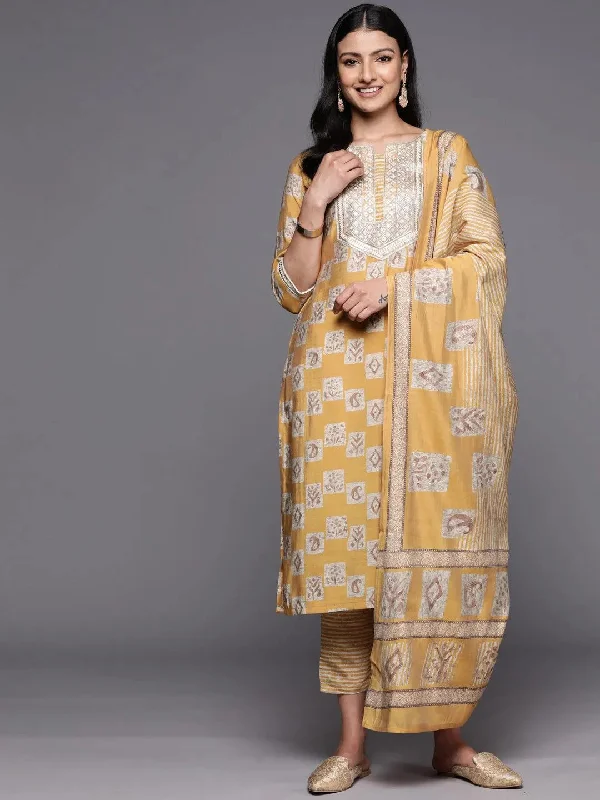 Mustard Yoke Design Silk Blend Straight Kurta With Trousers & Dupatta Trousers Lace Delicate