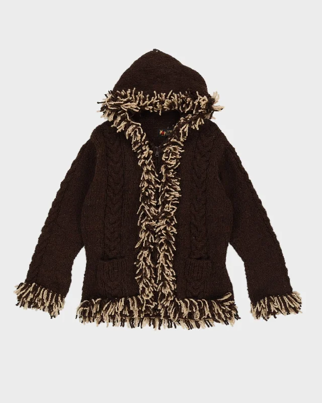 Brown Fringed Wool Knitted Cardigan - M Toggled Drawstring Belted
