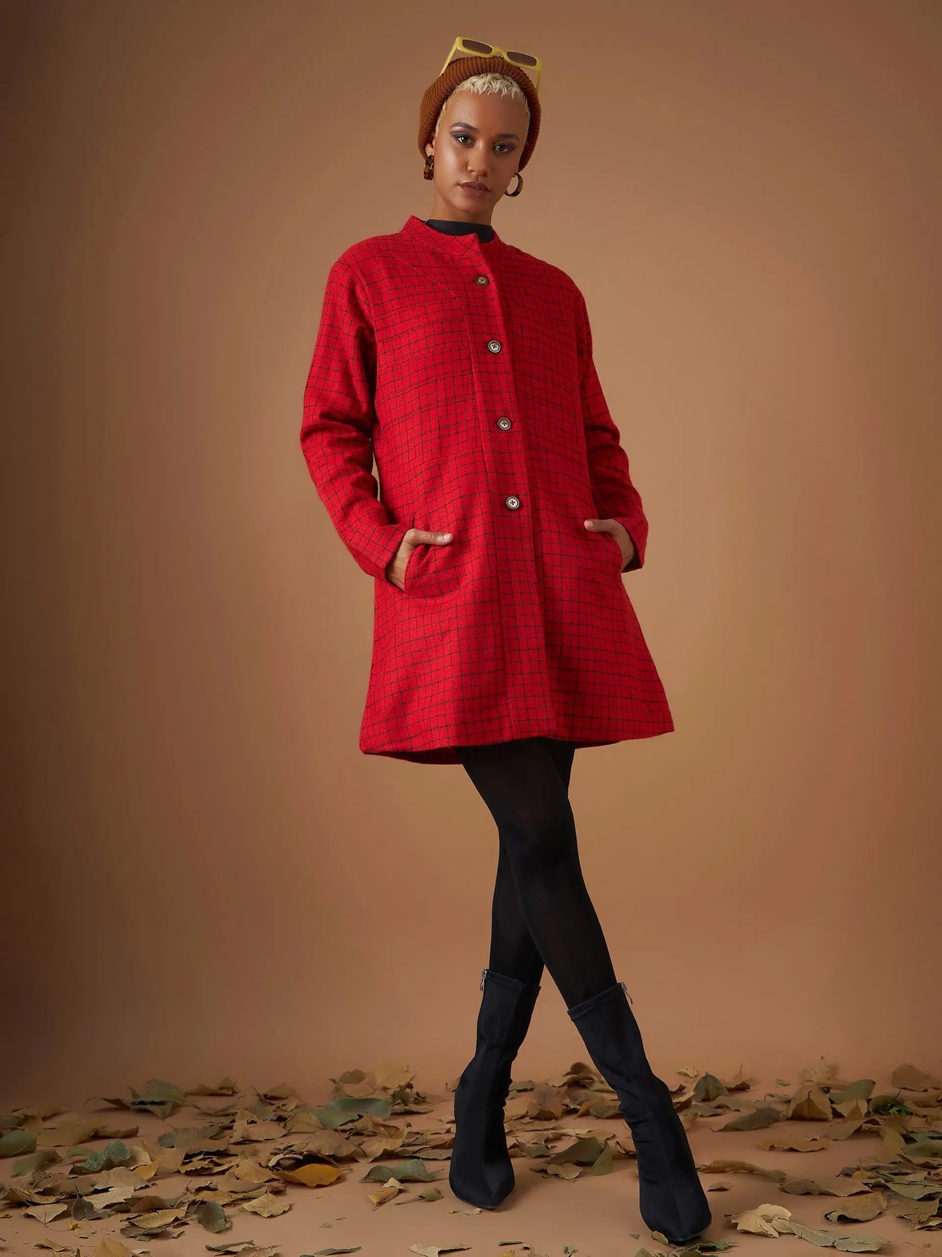 Women Red Jacquard Tweed Mandarin Collar Longline Blazer High-End Women's Suit