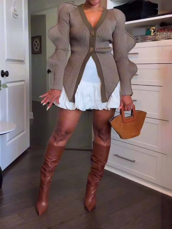 Women's Long Wave Sleeves Cardigans V Neck Knit Sweater Seamless Knitted Crochet