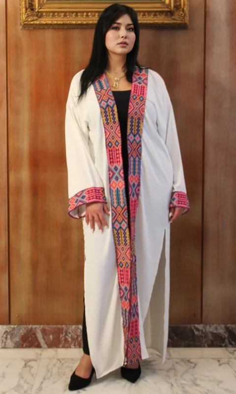 Women Cardigan Kaftan (White) Silk Blend Satin Velvet