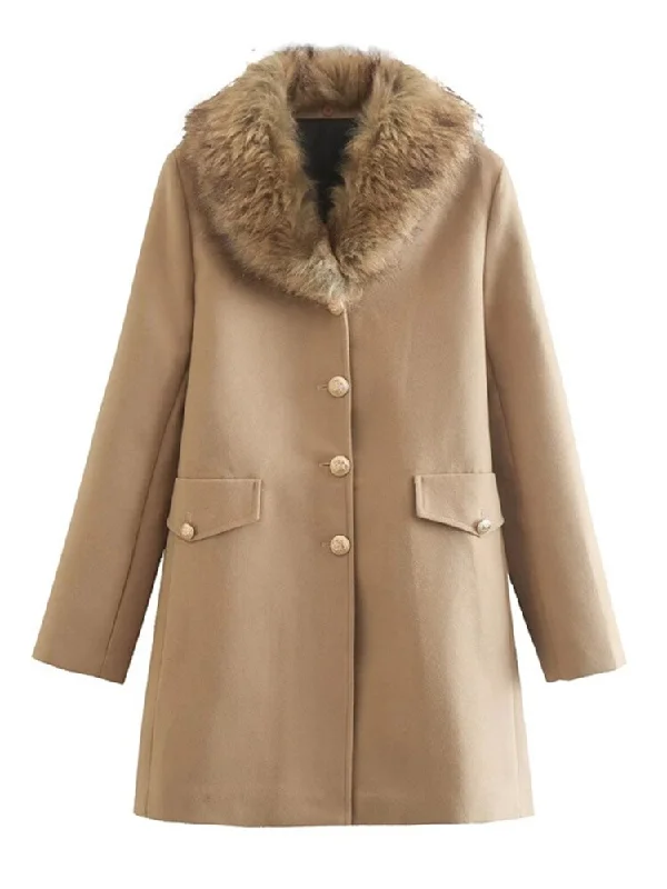 Elegant Wool Coats Women's Woolen Coat Fur Collar Slim Single Breasted Midi Length Coats Suede Faux Fur Shearling