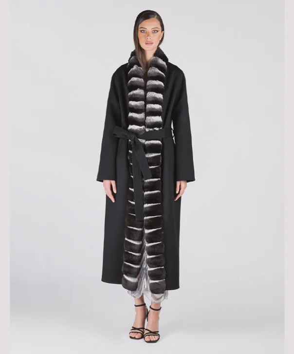 Women’s Black Cashmere and Chinchilla Fur Coat Hook-and-Loop Buckled Tied