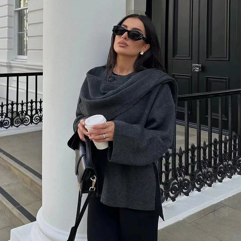 Solid Knitted Cardigan With Asymmetrical Scarf Design Fashion Short Coat Women Overcoat Jacket Winter Open Front Closed Front Wrap Front Solid Knitted Cardigan With Asymmetrical Scarf Design Fashion Short Coat Women Overcoat Jacket Winter Open Front Closed Front Wrap Front