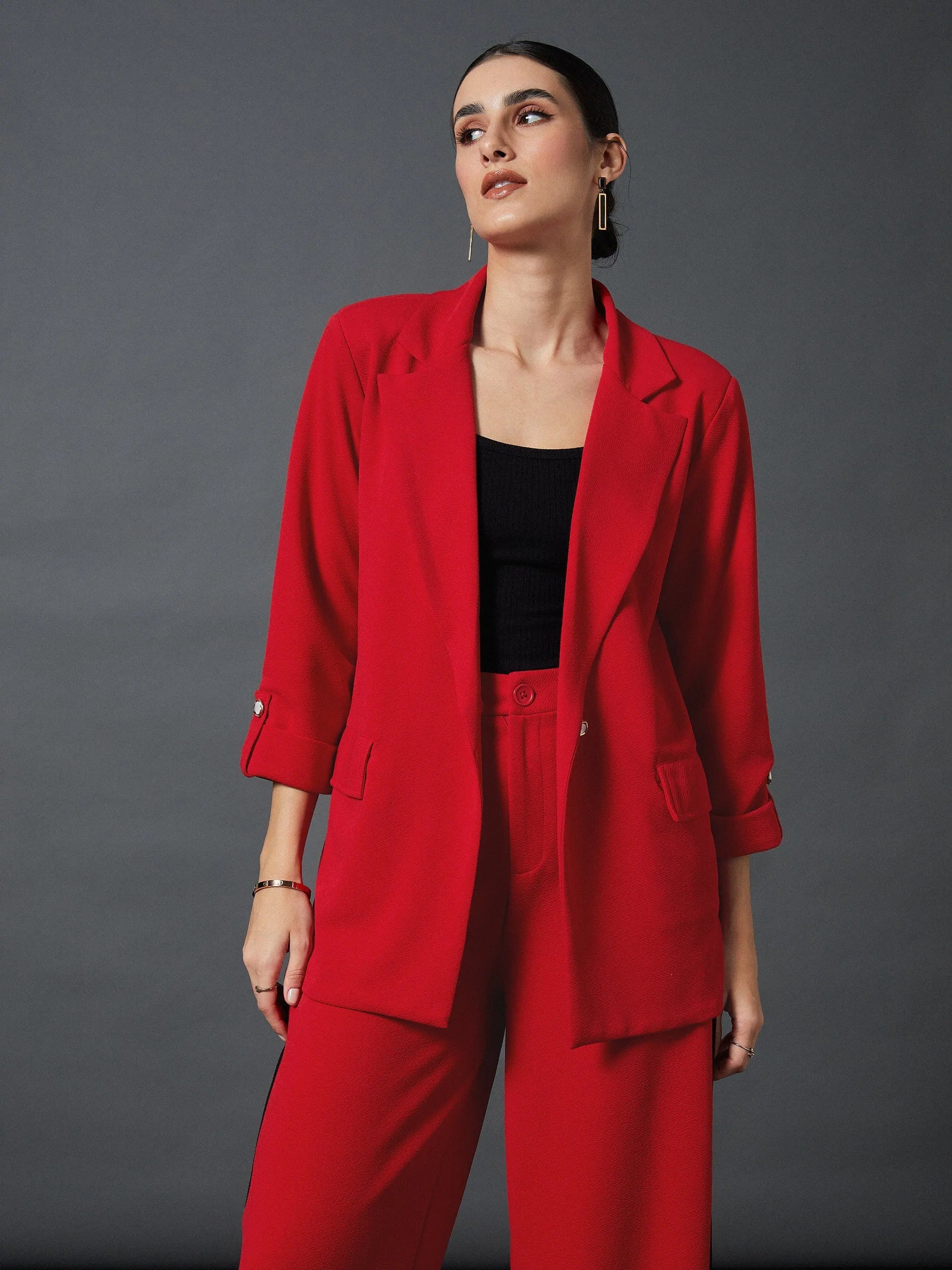 Women Red Front Button Blazer Women's Elegant Suit
