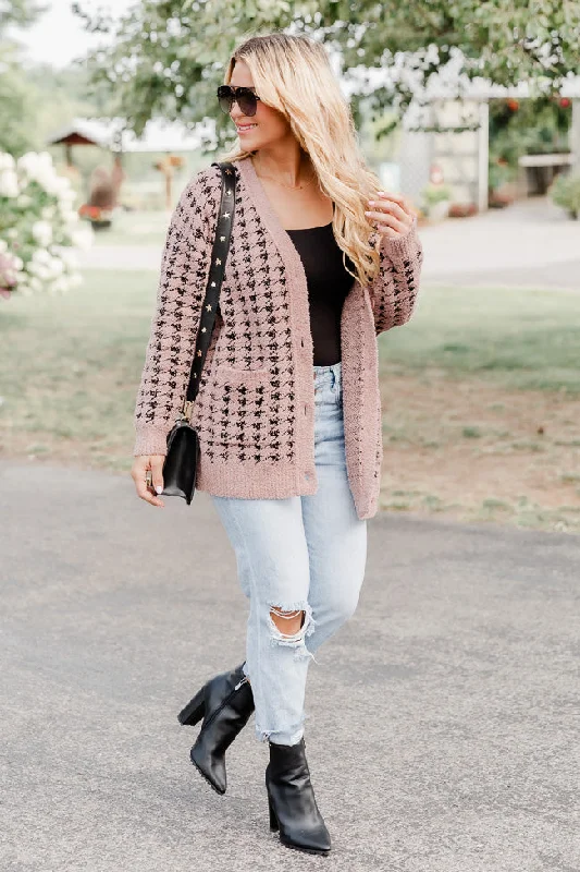 At Your Best Brown And Black Fuzzy Houndstooth Cardigan FINAL SALE Herringbone Houndstooth Plaid