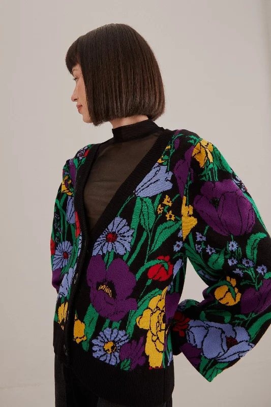 Black Bucolic Garden Knit Cardigan Patchwork Embroidered Appliqued
